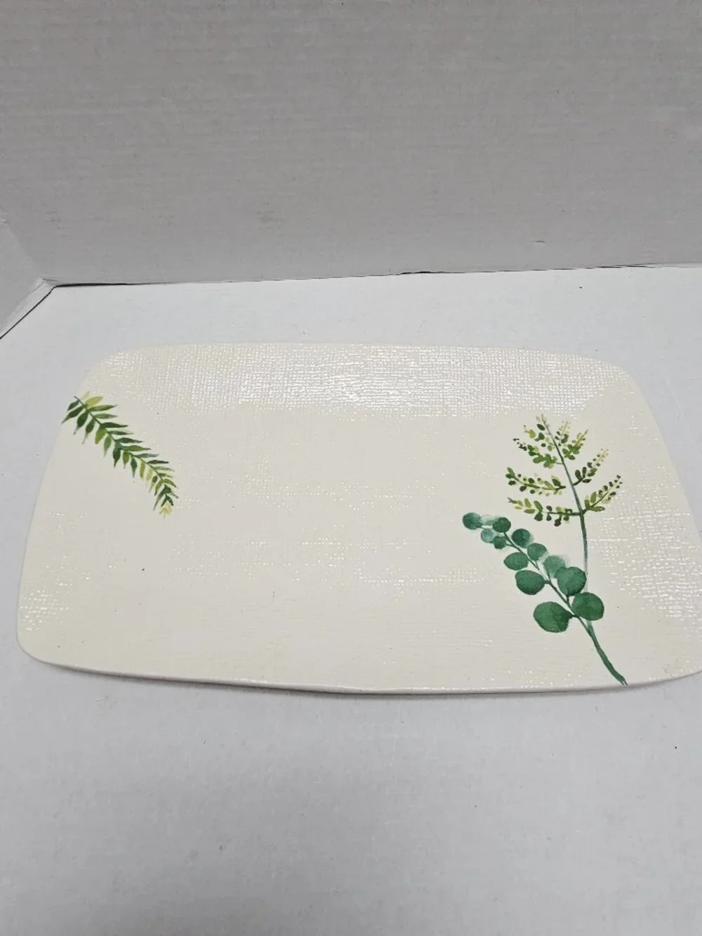 New Stoneware Pier1 Rectangular Ceramic Platter Botanical Green Design 16